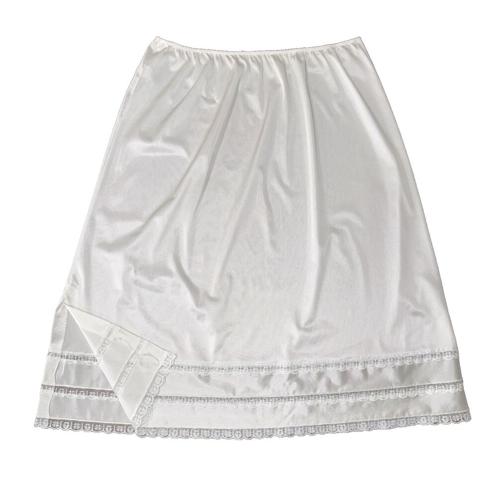 Vintage Romantic Sears Silky Nylon Half Slip White Lace Layers Trim Slit 2X USA